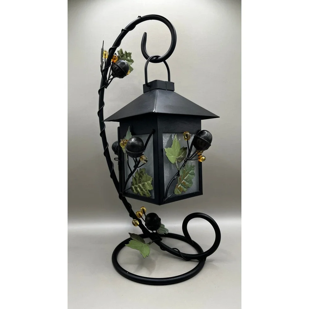 Black Metal Hanging Lantern Leaf Acorn Stand Tea Light Votive Holder 12